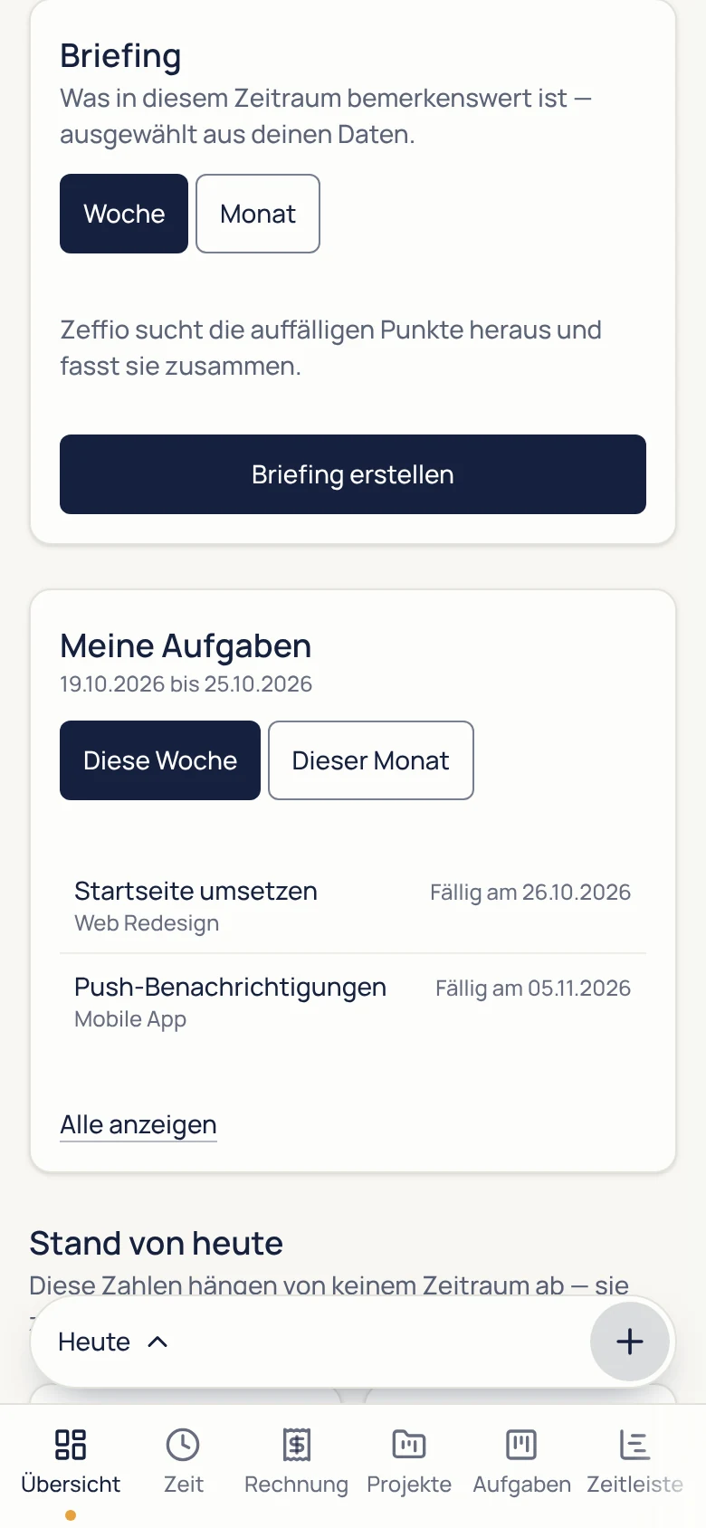 Zeffio auf dem Smartphone: Übersicht mit Briefing und den Aufgaben der Woche