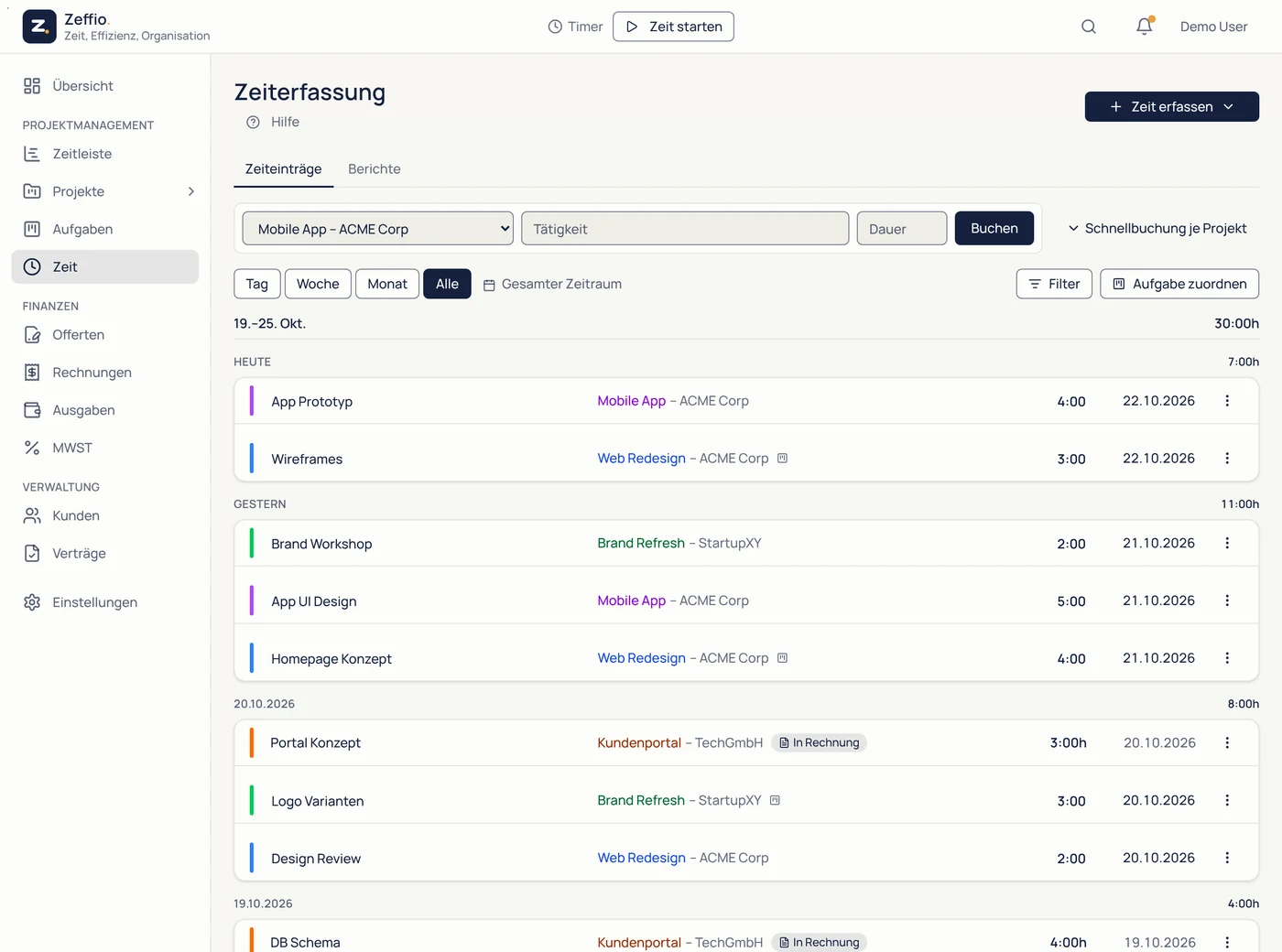 Zeitseite mit Schnellbuchung, Zeitfiltern und der Liste der Zeiteinträge, nach Tagen geordnet