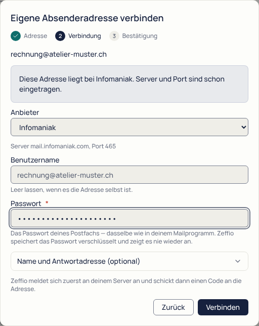 Schritt 2: «Diese Adresse liegt bei Infomaniak. Server und Port sind schon eingetragen.» Darunter Anbieter, Benutzername, das ausgefüllte Passwort und der Knopf «Verbinden».
