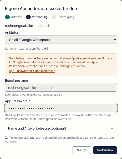 Anbieter «Gmail / Google Workspace»: ein Hinweis erklärt das App-Passwort und verlinkt «App-Passwort bei Google erstellen». Das Passwortfeld heisst jetzt «App-Passwort».