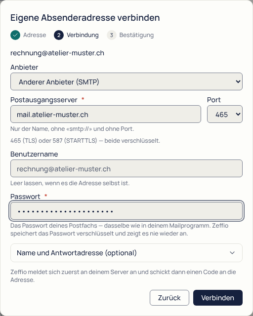 Anbieter «Anderer Anbieter (SMTP)»: Postausgangsserver mail.atelier-muster.ch, Port 465, darunter Benutzername und Passwort.