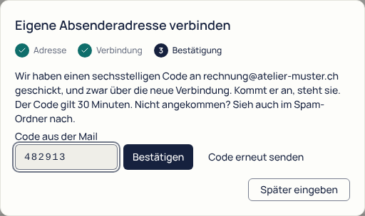 Schritt 3 «Bestätigung»: der Code ging an rechnung@atelier-muster.ch. Im Feld «Code aus der Mail» steht 482913, daneben «Bestätigen» und «Code erneut senden».