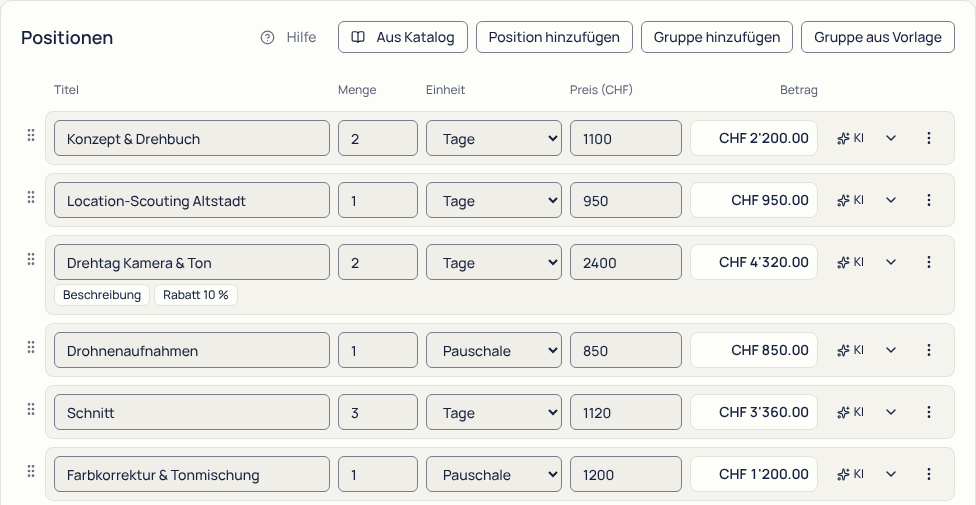Karte «Positionen» mit sechs Positionen, jede auf einer Zeile mit Titel, Menge, Einheit, Preis und Betrag. Unter «Drehtag Kamera & Ton» stehen die Hinweise «Beschreibung» und «Rabatt 10 %».